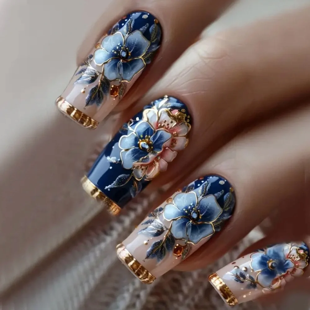 Floral Blue and Cream Press-On Nails, NEW - Picture 1 of 6
